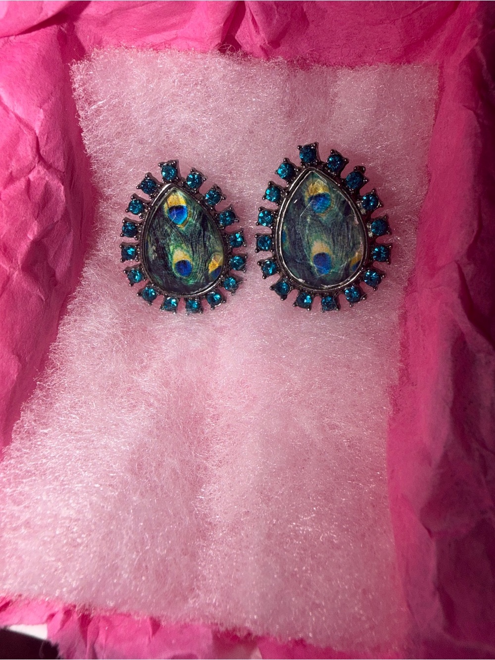 Peacock Teardrop Crystal Frame Earrings in Teal and Blue